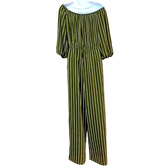 Haute Monde Dark Olive Striped Jumpsuit Size Medium Wide Legs Elastic Waist - Picture 2 of 15